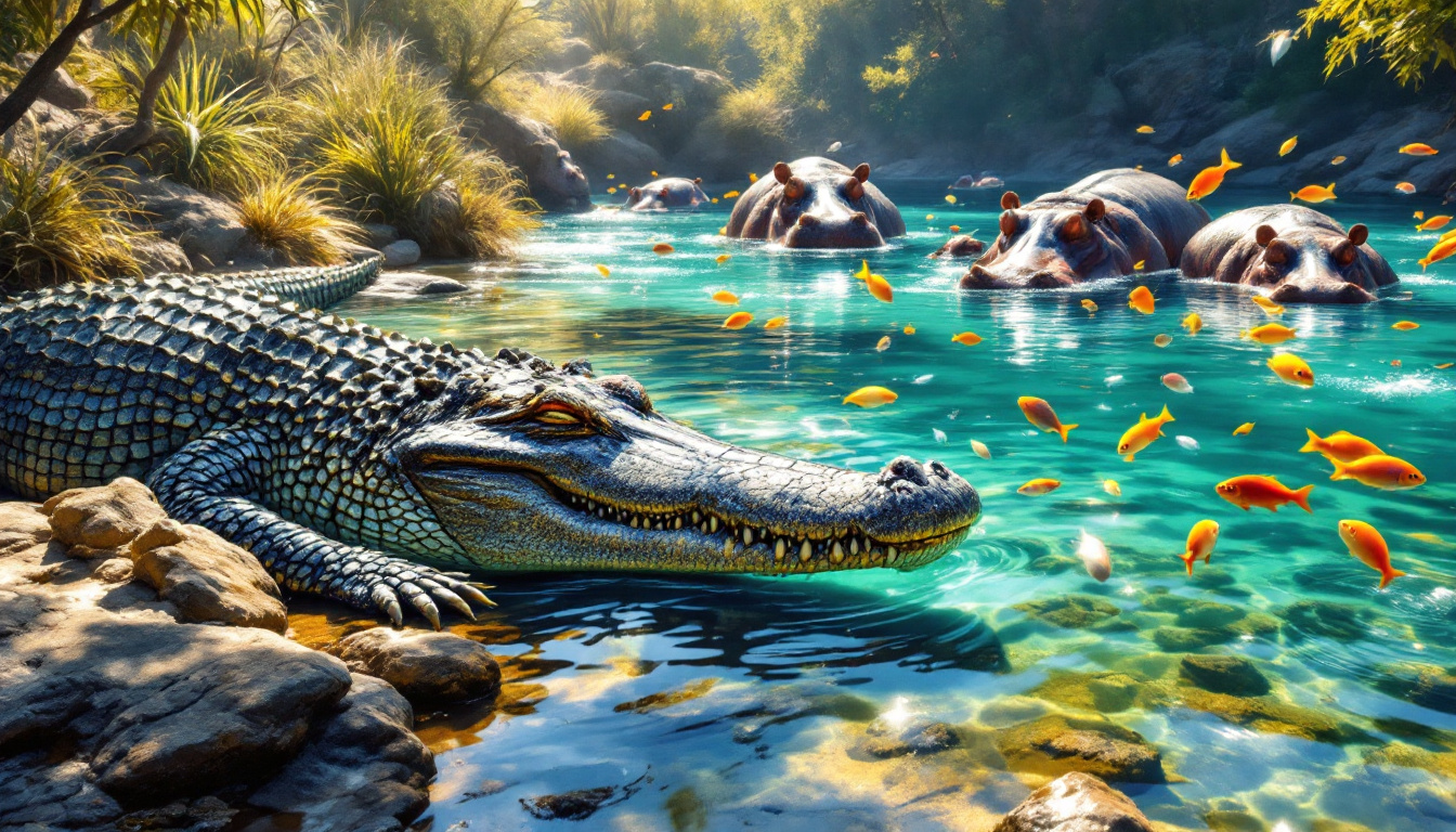 La faune aquatique : Faune des lacs et rivières : crocodiles, hippopotames et poissons exotiques.